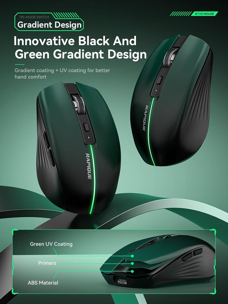 RAPIQUE Bluetooth Wireless Mouse – Bluetooth 5.1 & 2.4G Dual Connectivity, Rechargeable USB-C, Silent Click, Ergonomic 6-Button for Windows/macOS/Android/iOS/Laptop/MacBook(Green-to-Black) - Image 2